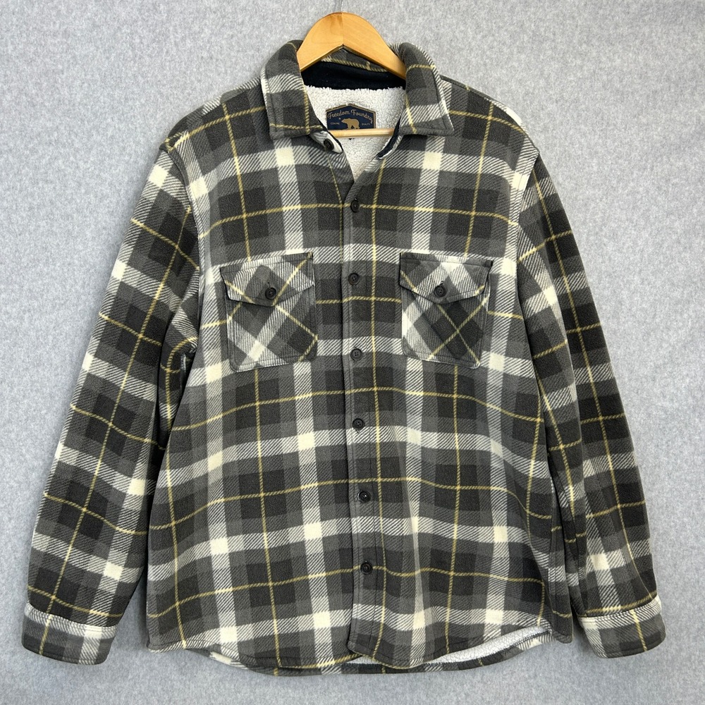 Freedom Foundry Plaid Sherpa Lined Fleece Shirt Jacket Shacket Gray Mens Large